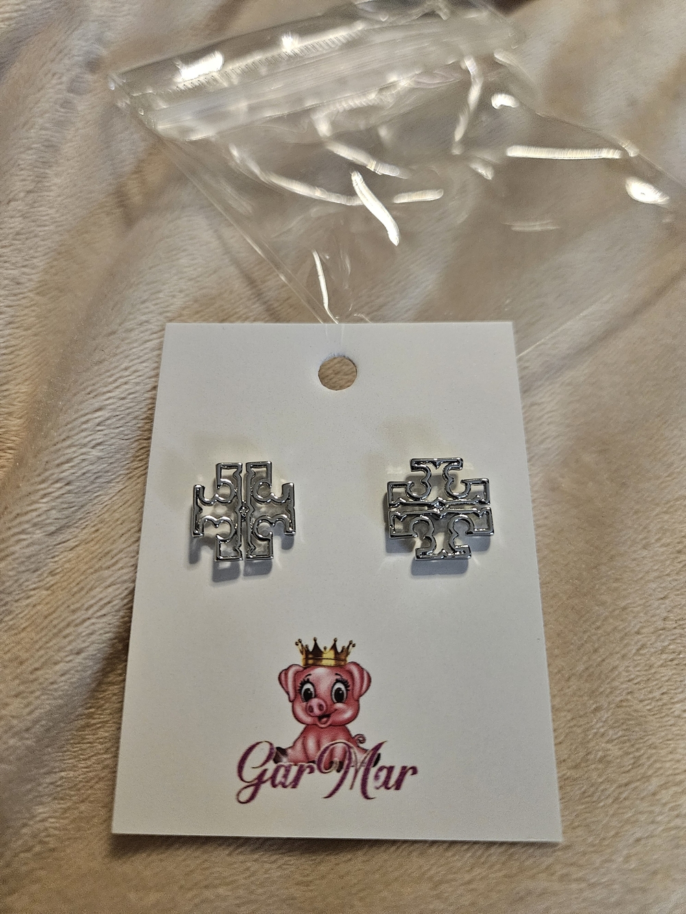 Silver-Tone T Logo Stud Earrings - Pink Accent Card
